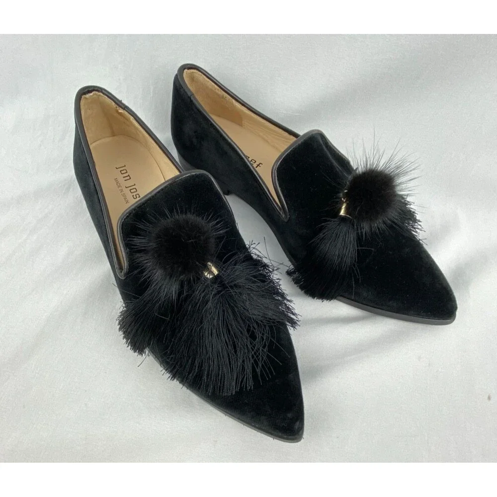 JON JOSEF Blair Loafers Women 6M Black Velvet Rabbit Fur Pom Spain Blair Waldorf